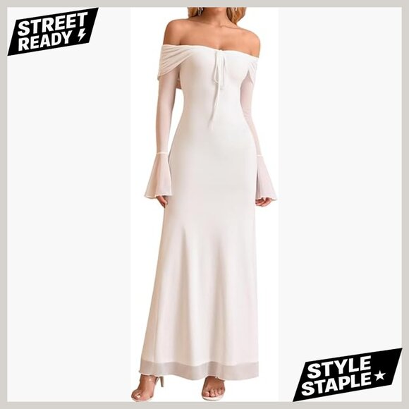Long Sleeve Off Shoulder Maxi Bodycon Dress Formal Wedding Guest